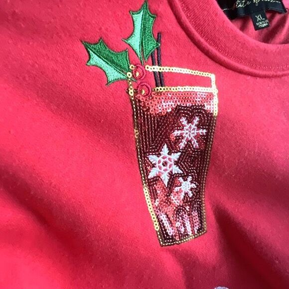 STATE OF MINE Women’s XL Holiday Sweatshirt Red Cocktails Sequins NWT Christmas - Picture 8 of 10